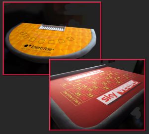 Branded casino tables printed with a company logo
